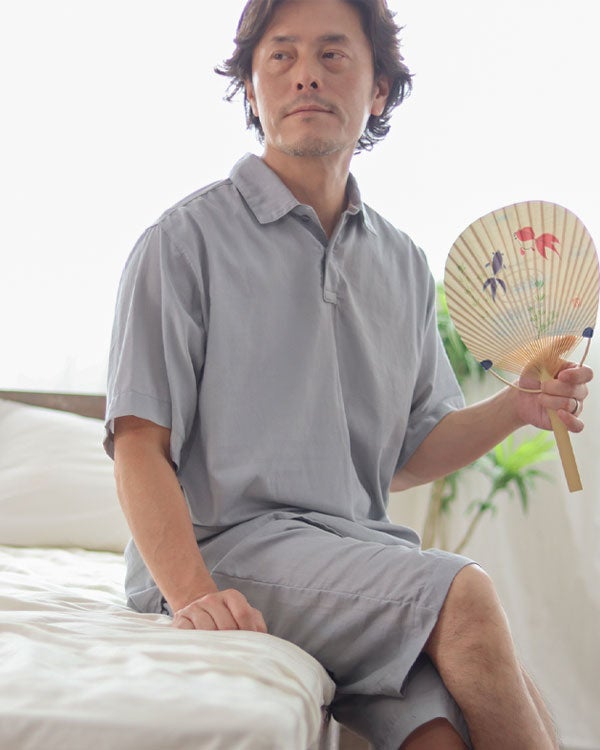 和晒京ひとえガーゼメンズパジャマ 上下セット・半袖/かぶり/ポロカラー/短パン