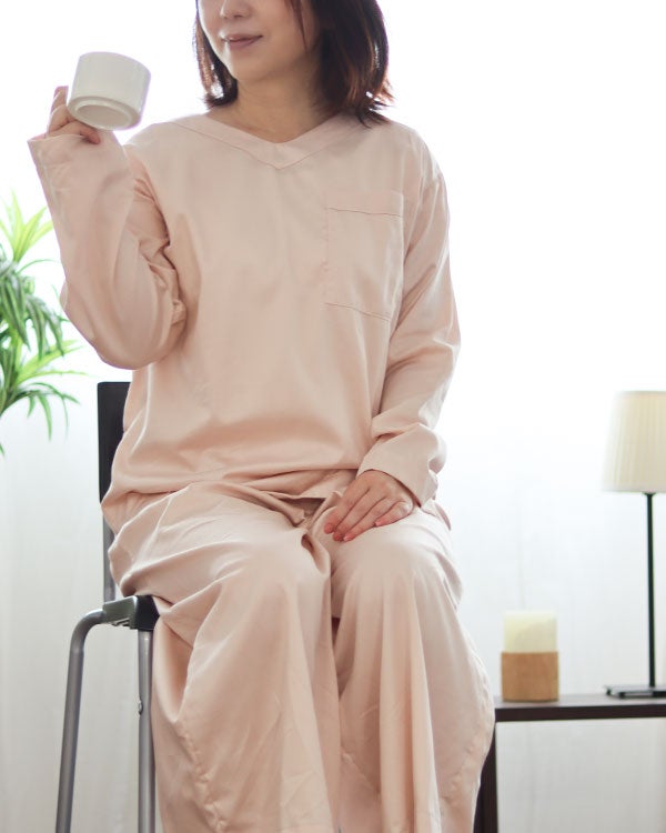 80スーピマ超長綿サテンレディースパジャマ 上下セット・長袖/かぶり/Vネック/ガウチョパンツ/八分丈