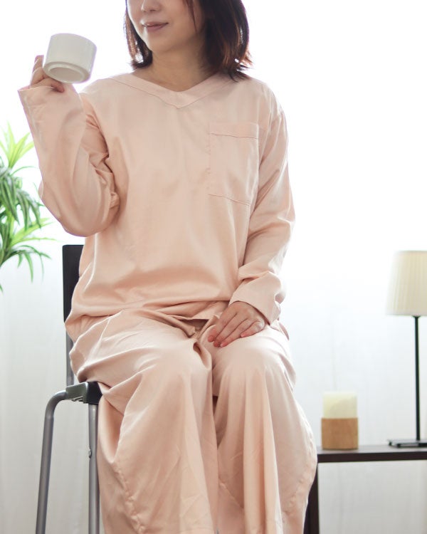 80スーピマ超長綿サテンレディースパジャマ 上下セット・長袖/かぶり/Vネック/ガウチョパンツ/八分丈