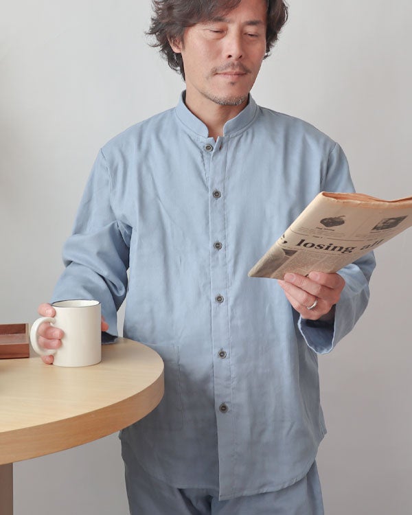 和晒京ふたえガーゼメンズパジャマ 上下セット・長袖/前開き/バンドカラー 