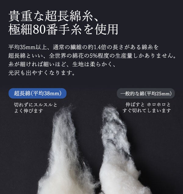 貴重な超長綿糸、極細80番手糸を使用