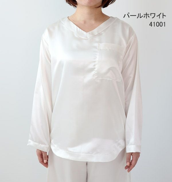 川俣シルクサテンレディースパジャマ上着単品・長袖/かぶり/Vネック