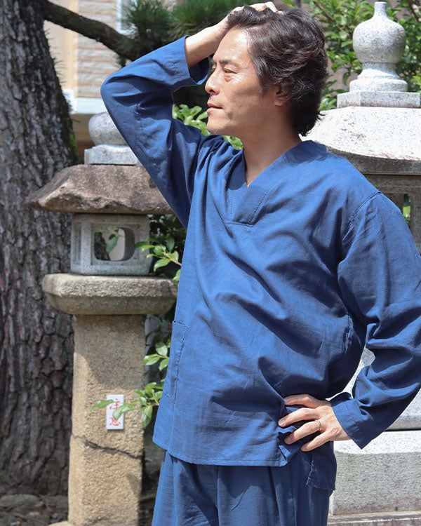和晒京ひとえガーゼメンズ作務衣下着・ズボン付/長袖/かぶり