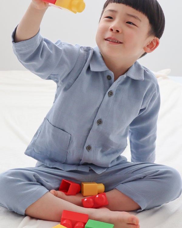 和晒京ふたえガーゼ男の子パジャマ上下セット・長袖/前開き/襟あり
