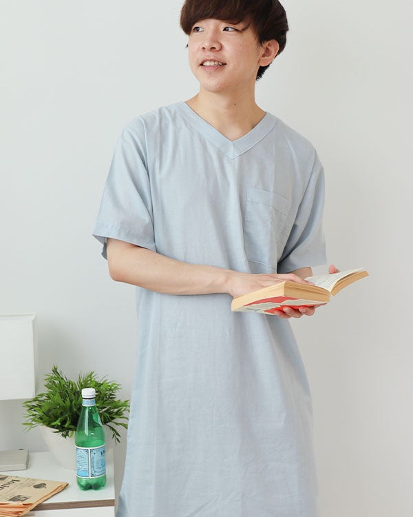 和晒京ひとえガーゼメンズスリーパー・半袖/かぶり/Vネック