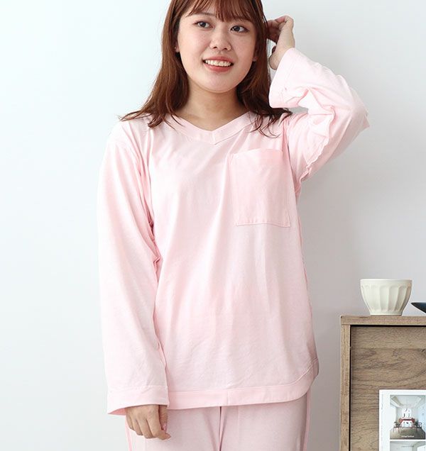 やわらか天竺ニットレディース敏感肌パジャマ上下セット・長袖/かぶり/Vネック 