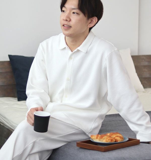 コットンワッフルニットメンズパジャマ上下セット・長袖/前開き/襟あり