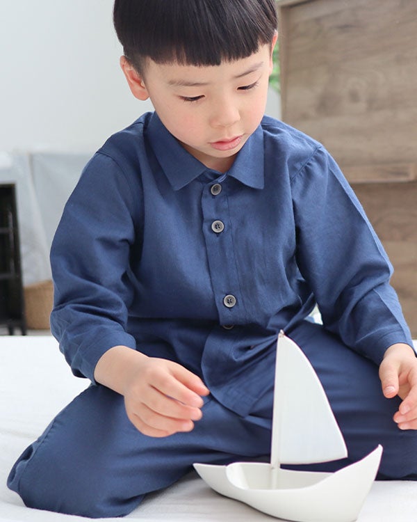 和晒京ひとえガーゼ男の子パジャマ上下セット・長袖/前開き/襟あり