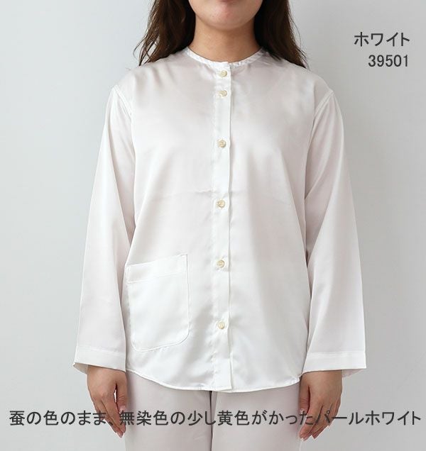 シルクサテンレディースパジャマ・長袖/前開き/襟なし